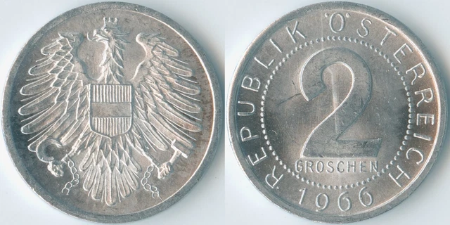 Austria 1966 2 Groschen KM# 2876 Al-Mg Second Republic Coat of Arms Eagle Value