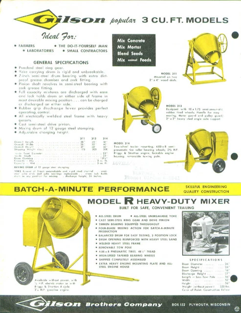 Gilson Batch-a-Minute Cement Mixers sellsheet 1950s