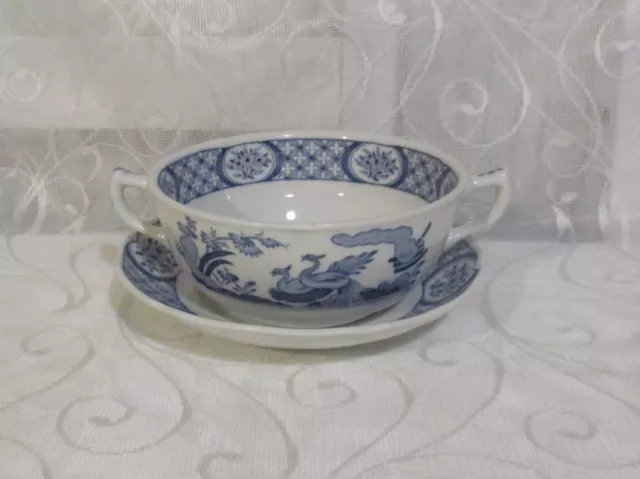 Furnivals OLD CHELSEA Blue And White Two Handled Soup Coupe Bowl And Saucer 2