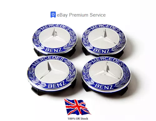 4x Blue Mercedes Benz Alloy Wheel Centre Caps 75mm Badges Hub Emblem - Fits All