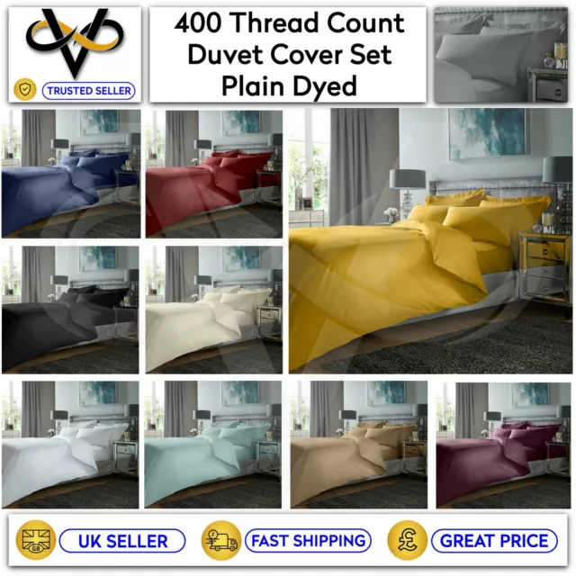 Luxury 400 TC 100% Egyptian Cotton Duvet Cover Plain Dyed Bedding Set All Sizes