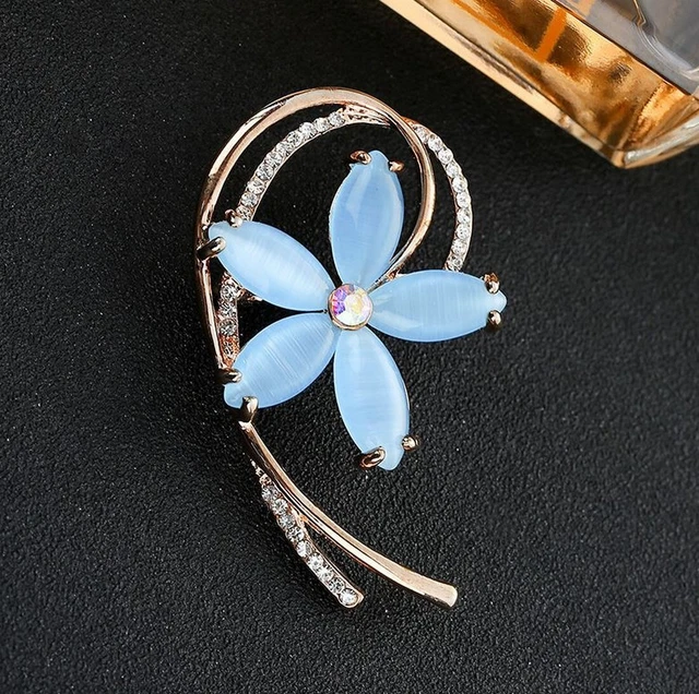 Broche Vintage En Verre Bleu, Strass Et Perles - Métal Doré - Occasion - Réf. A3