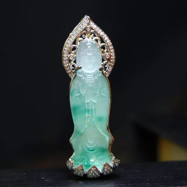 Perfect High Ice Chinese Jade Precision Carved Guanyin Bodhisattva Pendant R58