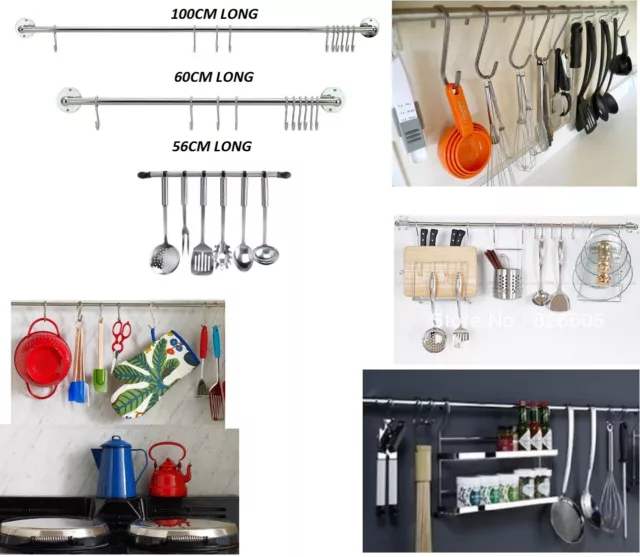 Kitchen Utensil Hanging Rail Rack Organiser Wall Mounted Stainless Steel 10 Hook