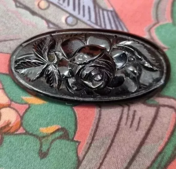 Antique Victorian Large Whitby Jet Carved Brooch Rose