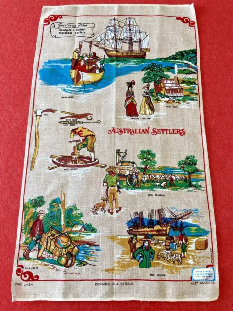 Vintage Linen Tea Towel Australian Settlers Sandgate Historical Society Pattern