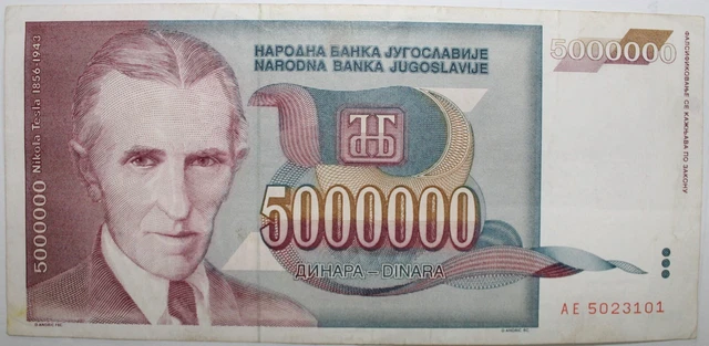 Jugoslavia 1993 Nikola Tesla Banconota Da 1000 E 5 Milioni Di Dinara - Foto 7
