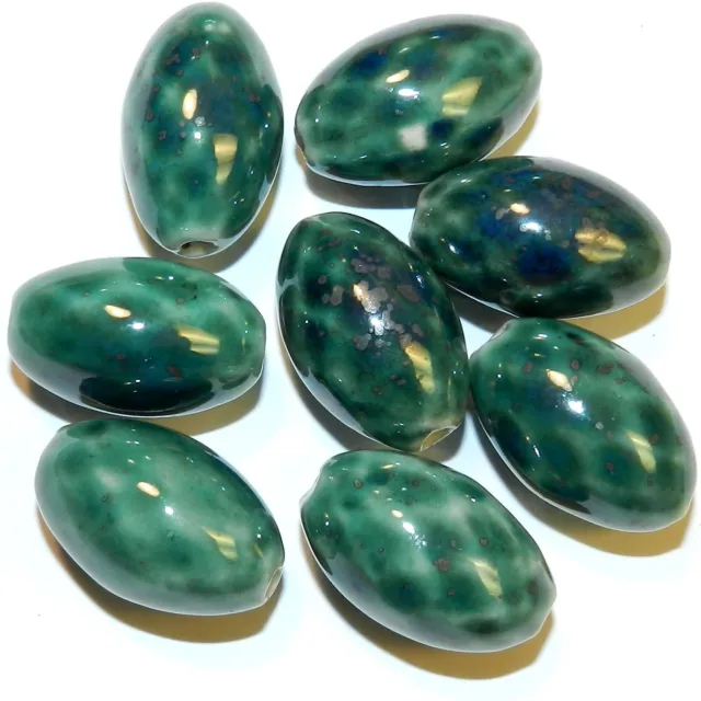 CPC260 Green & White Diamond Check 25mm Tapered Oval Porcelain Beads 8pc