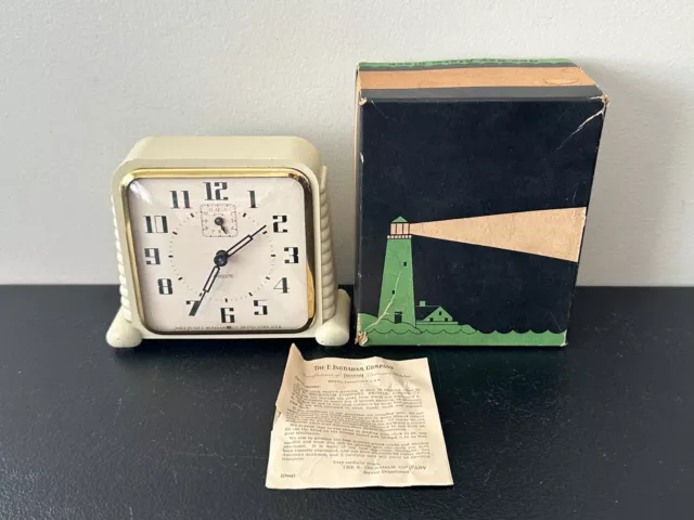 Vintage - ART DECO - Ingraham Beacon One Day Alarm Clock with Box & Paperwork