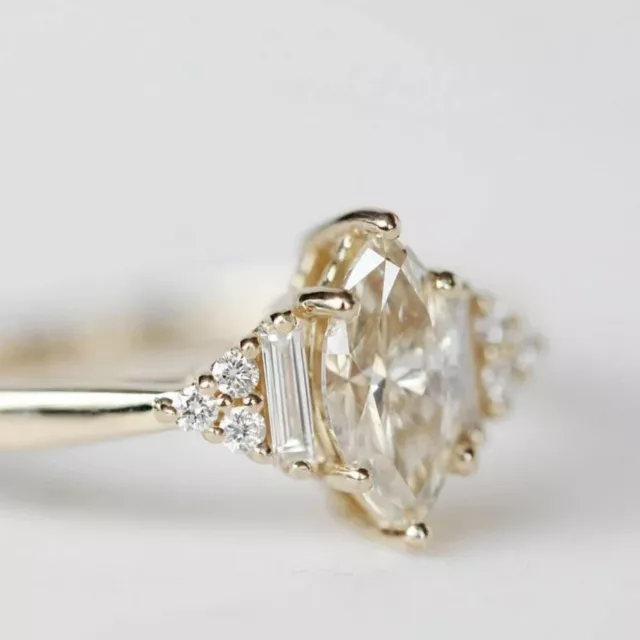 10K Yellow Marquise Created Cluster Engagement Ring Baguette Round Ring 3