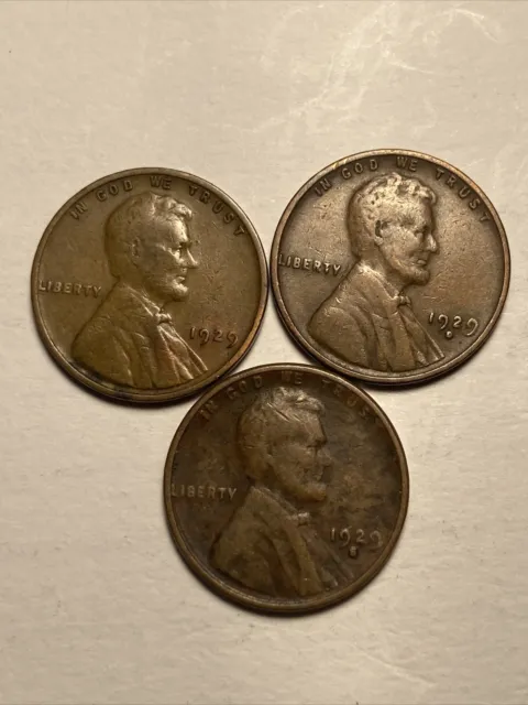 1929 P D S Lincoln wheat cent type set / 3 coin lot / old US antique pennies 1c