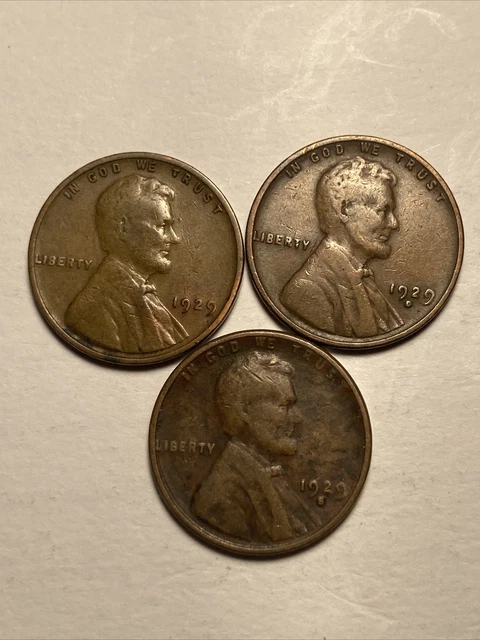 1929 P D S Lincoln wheat cent type set / 3 coin lot / old US antique pennies 1c