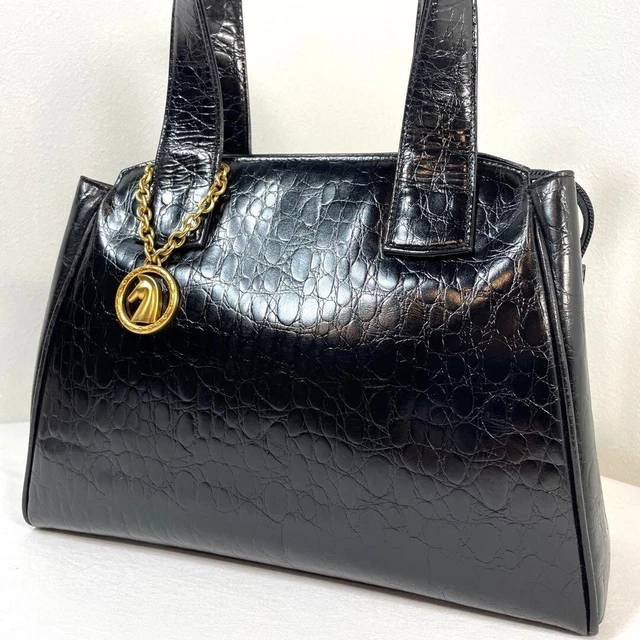 Rare Longchamp Leather Handbag Tote Bag Croc Embossed with Gold Charm Black