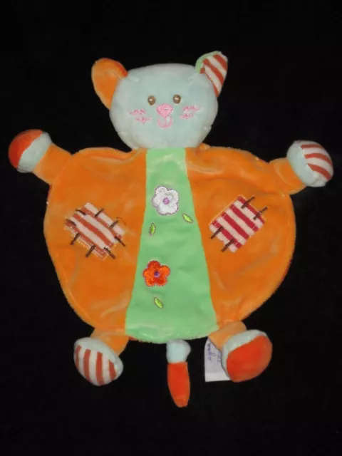 Doudou Grelot Hochet rond plat Chat orange vert bleu Ajena Fleurs brodées 23 cm