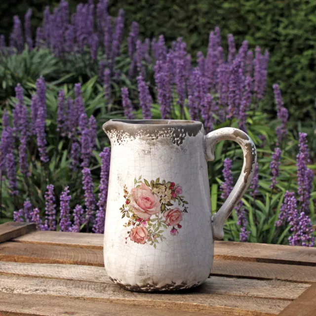 Vintage Deko Keramik Krug Landhaus Shabby Rose Wasserkrug Gießkanne Vase rustika