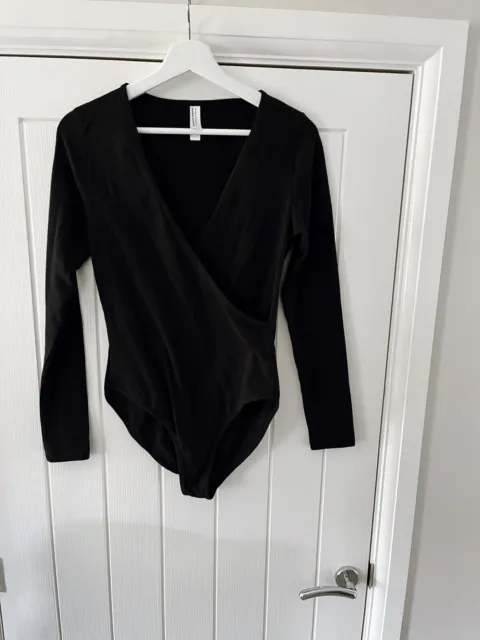 American Apparel Long Sleeve Plunge Cotton Spandex Black Bodysuit - Size Medium
