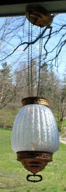Antique Acid Etch Floral Glass Melon Shade Pulley Brass Lamp Frame 29"