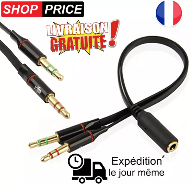 Câble adaptateur casque PC micro smartphone 3.5mm Jack femelle/Double 3.5 male