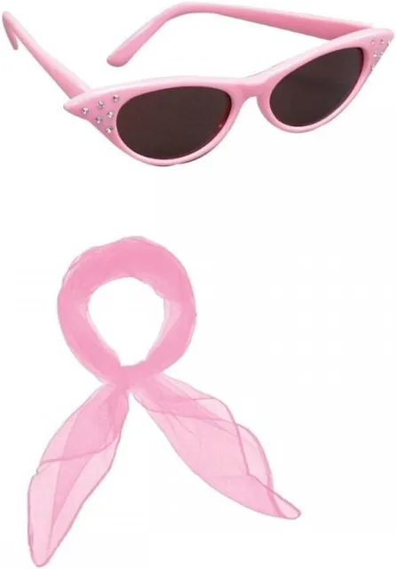 Zac's Alter Ego Women's Girl's Retro 50s Rock Roll Grease Pink Scarf & Glasses