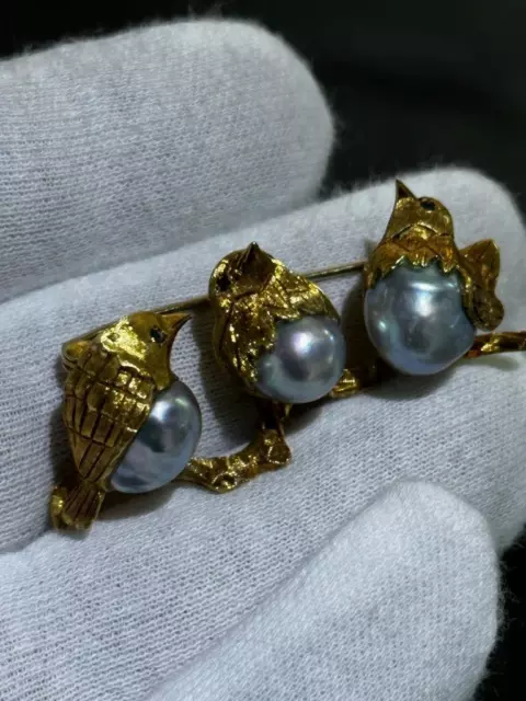 18k or Jaune & Naturel Perles Unique Triple Oiseau Broche / Broche Ancien Cadeau