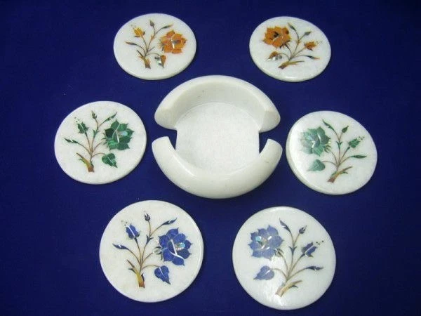 Set De 6 Sous-verres En Marbre Blanc Incrustation Coquille D'ormeau - Marqueterie Pierres Semi-précieuses - Art Déco