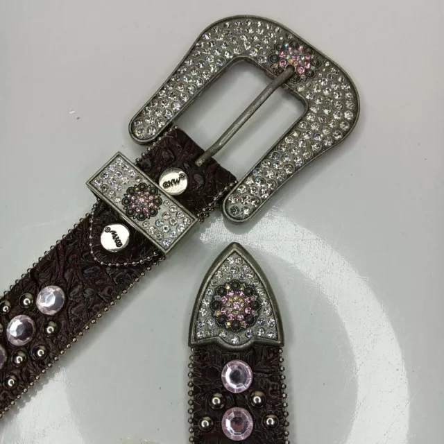 BHW Leather Rhinestone Cowgirl Belt Pink Silver Blingy Buckle Size Small