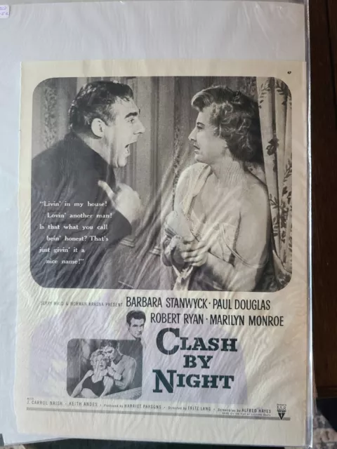 1952 Magazine Movie Ad  "Clash by Night" Marilyn Monroe