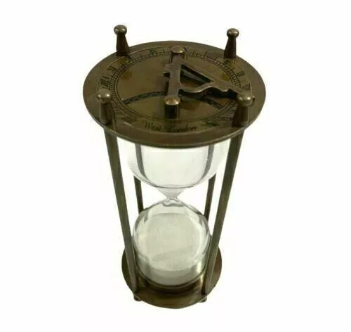 Vintage 6" Nautical Maritime Antique Hourglass Brass Sand Timer With Sundial New