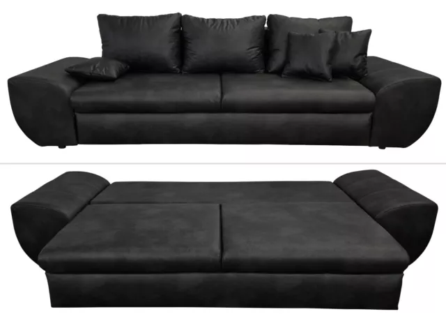 Big Sofa mit Schlaffunktion und Bettkasten XXL Couch im Vintage Look in Schwarz