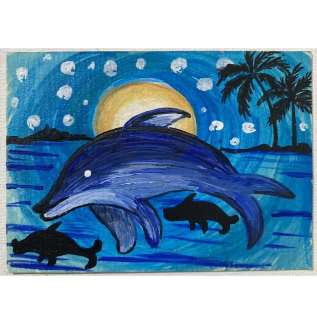 ACEO ORIGINAL PAINTING Mini Collectible Art Card Animal Fish Sea Calves Ooak