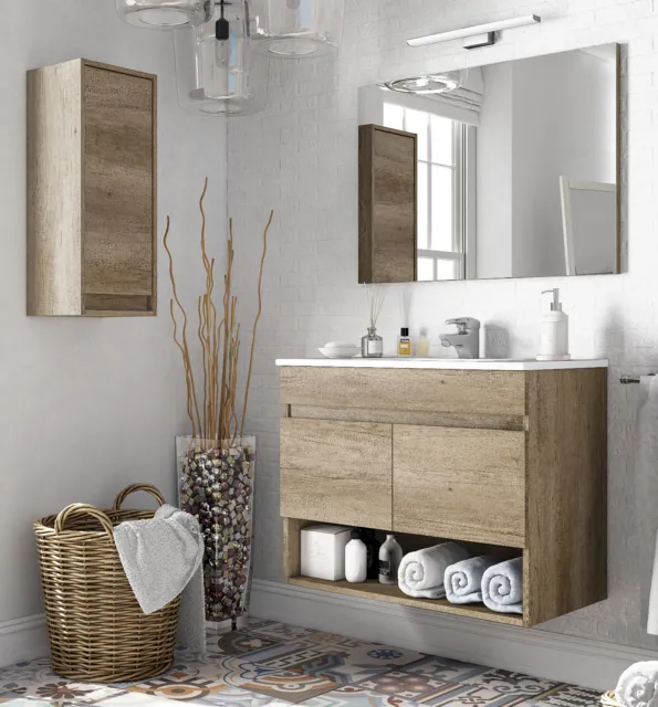 Pack mueble de baño con espejo lavabo de ceramica y armario auxiliar moderno