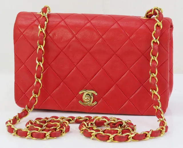 AUTH CHANEL RED Quilted Leather Flap Cover Gold Chain Shoulder Bag