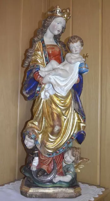 Antike Große Madonna mit Kind, Maria Königin, Holzfigur Statue Skulptur