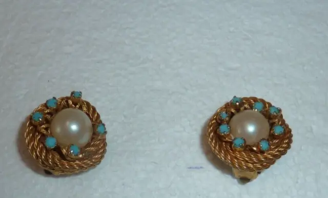 superbe paire de clips d'oreilles vintage en métal doré à motif de corde