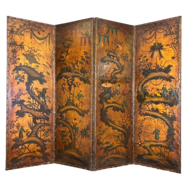 Chinese Chinoiserie Leather Tooled and Painted Screen Room Divider