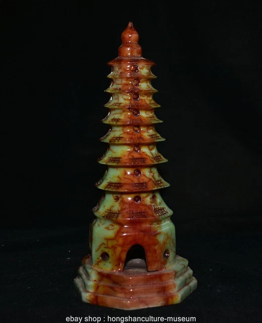 11" Chinese Natural Xiu Jade Carving Buddha pagoda Statue Sculpture