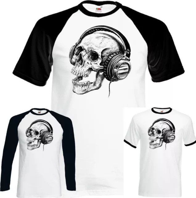 Skull Headphones T-Shirt Mens Music Acoustic Electric Rock Drum Rock Drummer Top