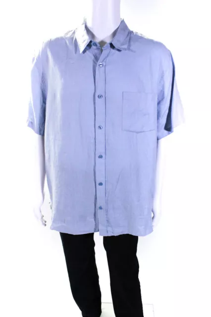 Vince Mens Short Sleeve Linen Classic Fit Button Up Shirt Light Blue Size XXL