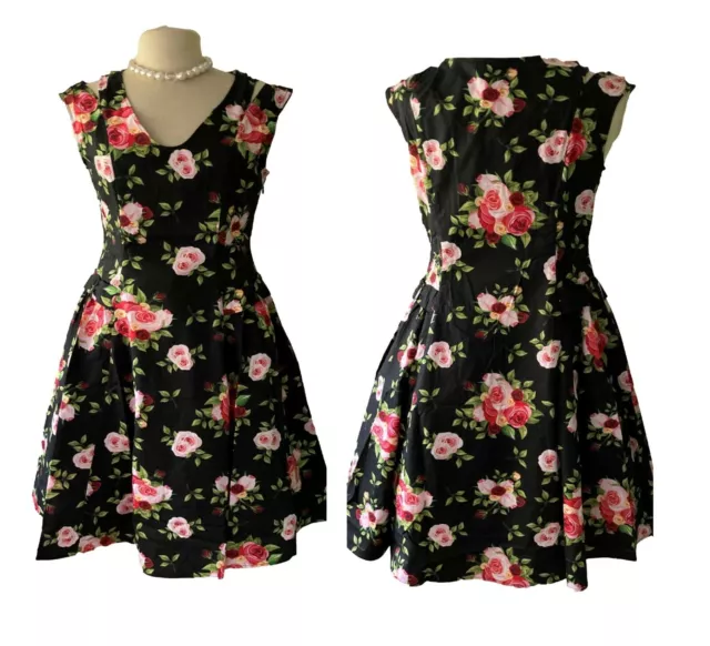 22 24 26 PLUS SIZE BLACK PINK RED ROSE RETRO 1950s VINTAGE SWING DRESS FLORAL UK