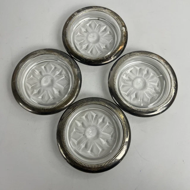 Birks Primrose Silver Plate Crystal Glass Coasters Set Of 4 Made In Italy