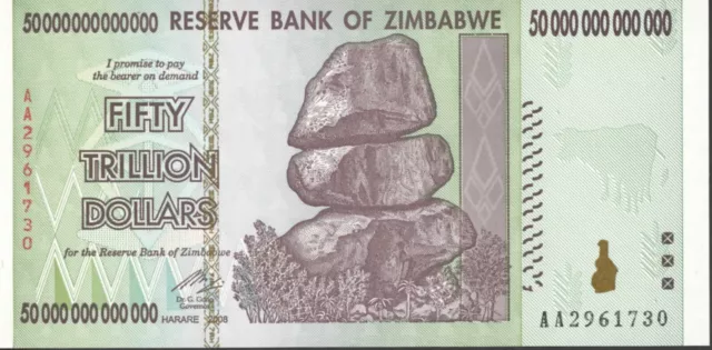 Original Zimbabwe  50 Trillion Banknote 1 Note AA/2008, Uncirculated