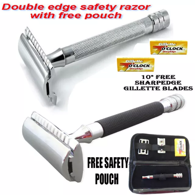 Genuine Men Safety Razor Double Edge Razors +10 Free Blades & Pouch travel kit