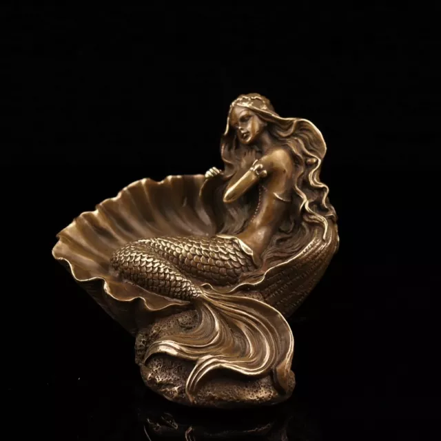 Chinese Copper bronze Handmade Carved Exquisite Shell Mermaid Statue