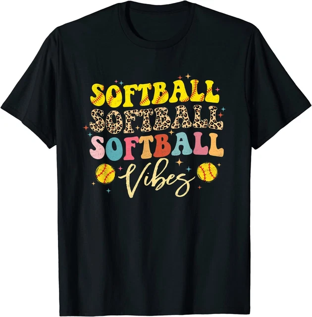 Groovy Retro Wavy Leopard Print Softball Vibes Game Day T-Shirt S-3XL