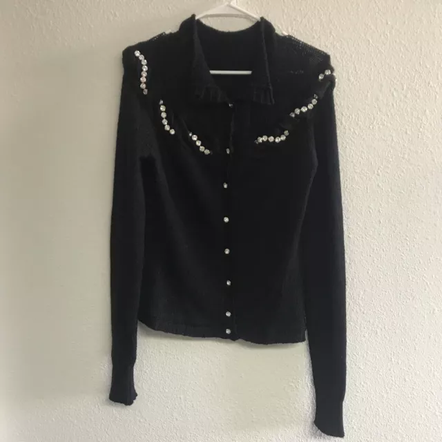 Blumarine Women Black Rib Knit Beaded Cardigan Sweater Cashmere Blend Italy S 2