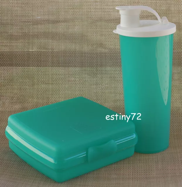 Tupperware Kids Sandwich Keeper & Tumbler With Spout Set Aqua Green & White New