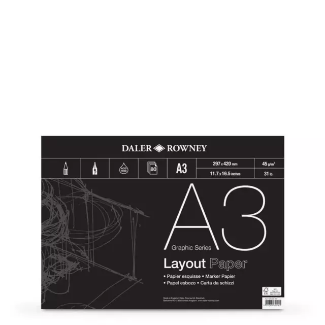 Daler-Rowney Graphic Series 45Gsm A3 Layout Paper Pad Glued 1 Side, 80 White She