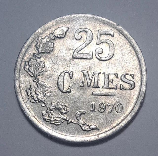 1970 Luxembourg 25 Centimes Crowned Shield, Oak Leaf, 0.76g 19mm Coin