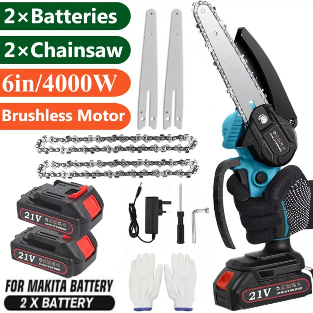 6'' 4000W Mini Cordless Chainsaw Electric One-Hand Saw Wood Cutter 1/2 Batteries