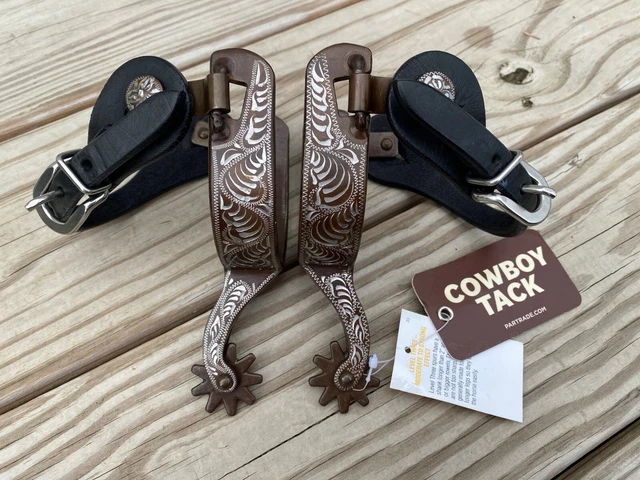 Ladies Cowboy Tack Floral Engraved Western Show Spurs w Black Leather Straps
